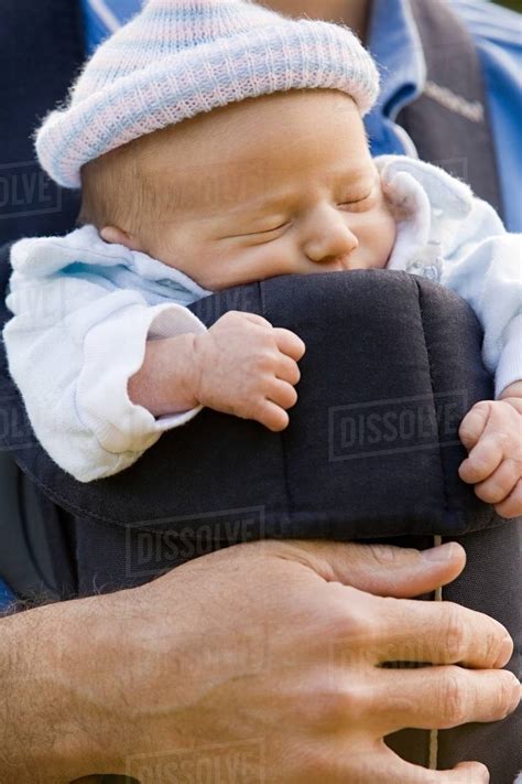 A father carrying his baby in a baby carrier - Stock Photo - Dissolve