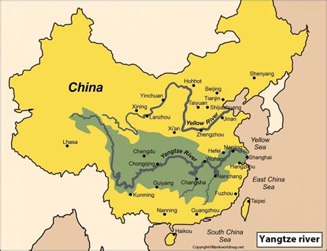 Yangtze River on Map - Blank World Map