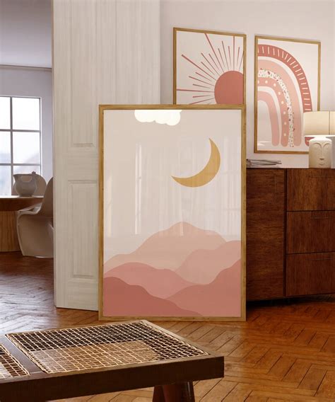 Boho Nursery Pink Print Set of 4 Sun Rainbow Moon Baby Room - Etsy