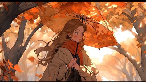 Premium AI Image | Autumn background design Fall wallpaper golden brown anime manga style