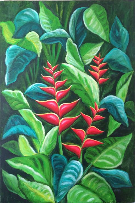 Flowers, tropical plants, Original painting, Unique gift, fine art, Acrylic painting, Home decor ...