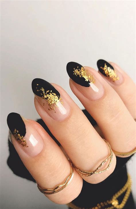 Black And Gold Nail Designs 2021, Black And Gold Flake Press On Nails ...