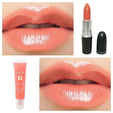 Light coral peachy pink lip recipe: Mac's lipstick in "ravishing" with Lancôme's juicy tube ...