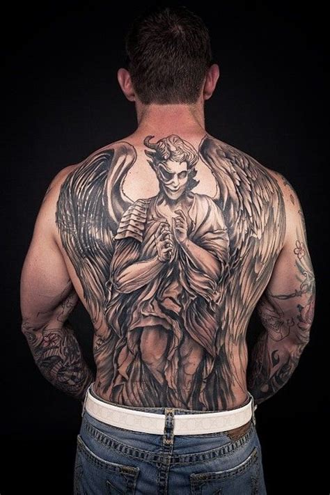 EMPIRE TATTOO - Angel Demon back piece cover up black and grey tattoo | Back piece tattoo, Demon ...