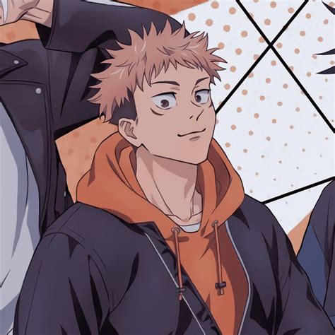 an anime character with short hair wearing a black jacket and orange hoodie looking at the camera