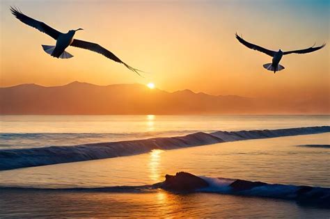 Premium AI Image | birds flying over the ocean at sunset