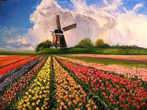 Tulip field, oil, canvas 30*40 by Veddad | Landscape paintings, Modern ...