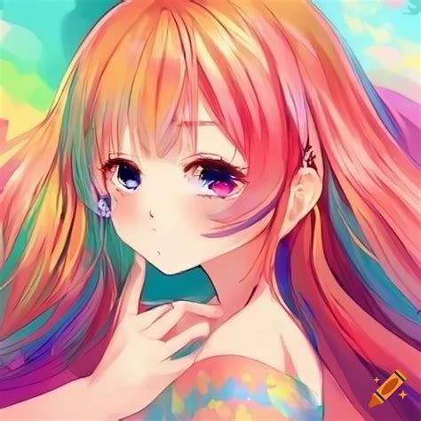 Pastel-colored anime girl with a rainbow background on Craiyon