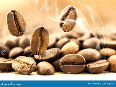 Flying Fresh Coffee Beans As A Background With Copy Space. Coffee Beans Falling Down With White ...