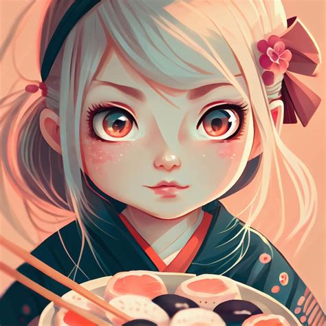 Premium Photo | Little kawaii girl eating sushi anime manga cartoon style