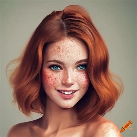 Beautiful young woman with freckles and auburn bobbed hair on Craiyon