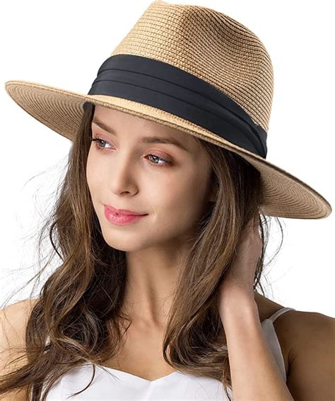 Womens Mens Wide Brim Straw Panama Hat Fedora Summer Beach Sun Hat UPF Straw Hat for Women at ...