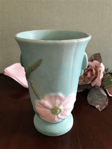 Vintage Weller Pottery Vase, wild rose ceramic vase, mint green Ceramic ...