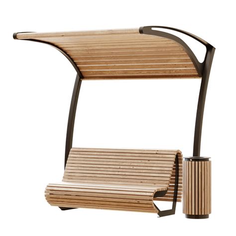 exterior - modern wooden and metal bench with recycle bin and umbrella cover pergola - park ...