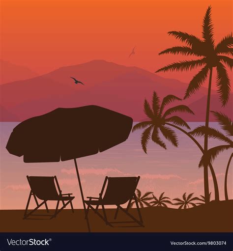 Beach sunset two chair palm tree and umbrella Vector Image