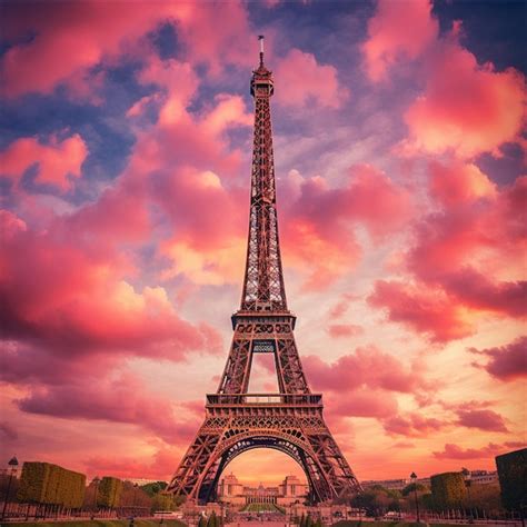 Premium AI Image | The eiffel tower is lit up in a pink sunset.