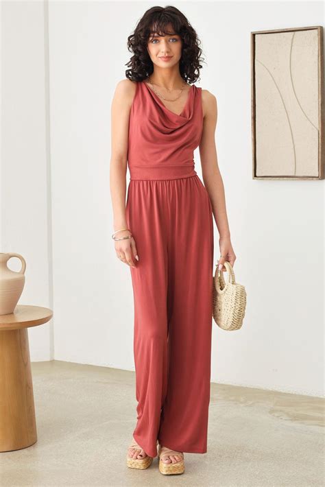 Wholesale Solid Cowl Neck Wide Long Leg Jumpsuit