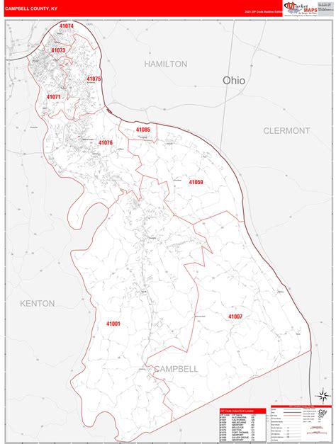 Campbell County, KY Zip Code Wall Map Red Line Style by MarketMAPS - MapSales