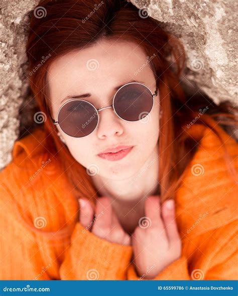 Portrait of Beautiful, Attractive Red-haired, Girl with Modern Round Sunglasses Stock Photo ...