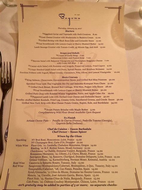 Menu at Bayona pub & bar, New Orleans