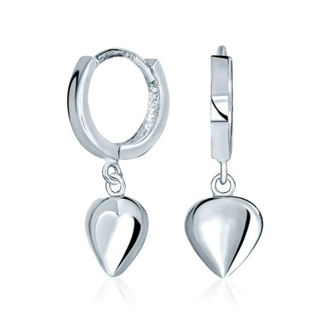 Jewelry - Delicate Romantic 925 Sterling Silver Dangle Puff Heart Shaped Charm Huggie Hoop ...
