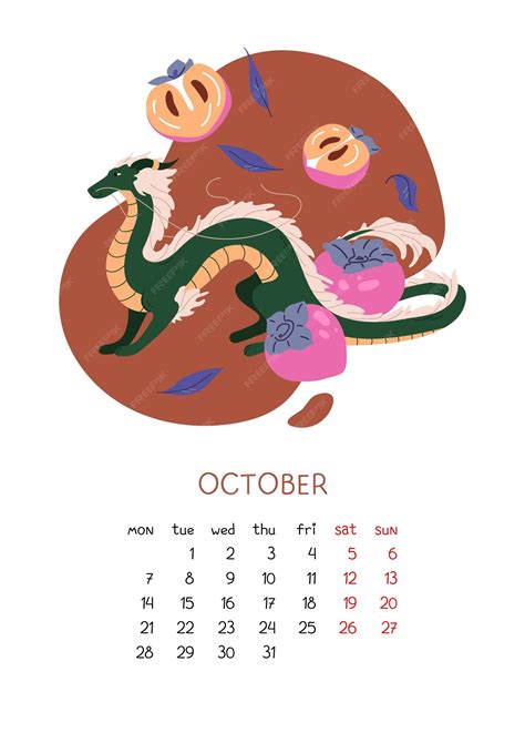 Premium Vector | Calendar with chinese dragon and persimmon planner for month october with ...