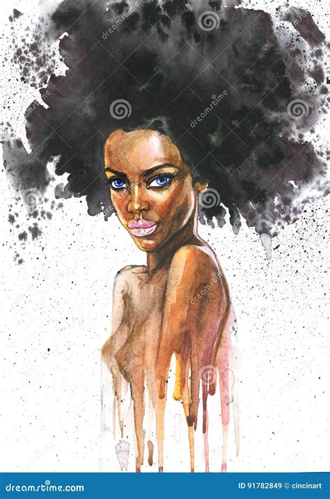 Hand Drawn Beauty African Woman with Splashes. Watercolor Abstract ...