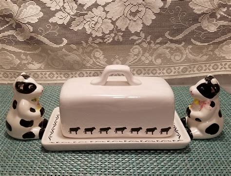 White Ceramic Farmhouse Butter Dish & Cow Shaped Salt and | Etsy