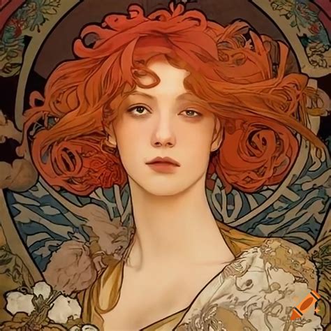 Enchanting prince with red hair and ornamental clothing in a garden, inspired by alphonse mucha ...