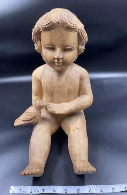 VTG SOLID WOOD Hand Carved Angel Statue Crafted Cherub Sculpture 14” Bird Putti $79.99 - PicClick
