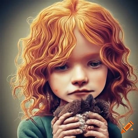 Ginger-haired tween holding adorable animals on Craiyon