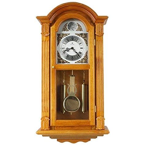 JUSTIME 29-inch Tall Deluxe Elaborate OAK Solid Wood Pendulum Wall Clock Rich Dual 44 Chiming ...