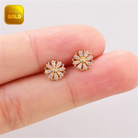 14k Solid Gold Dainty Floral Stud Earring Flower Helix Stud Conch Piercing Tragus Earring ...