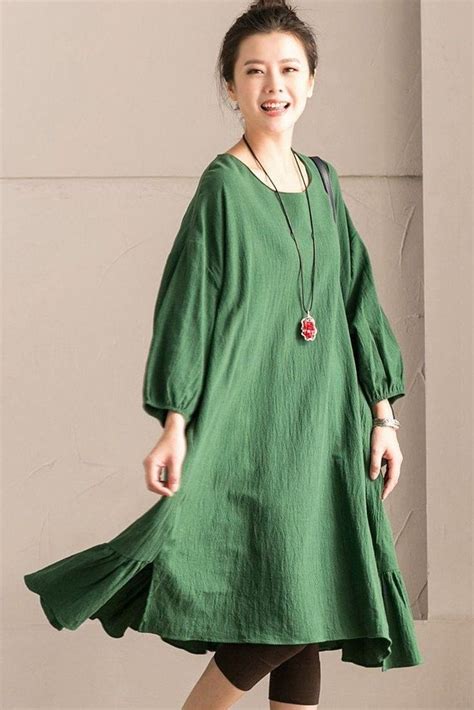 Green Korean Style Cotton Linen Falbala Bat Sleeve Round Neck Loose ...