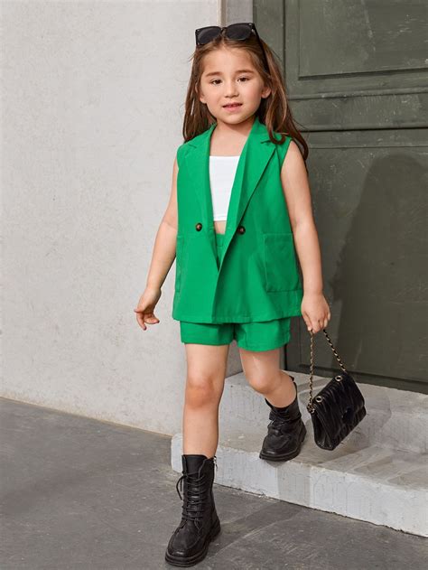 Green Dressy Collar Sleeveless Plain Embellished Non-Stretch Toddler Girls Clothing Kids Summer ...