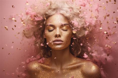 Premium AI Image | a woman with blonde hair and pink glitter in the background