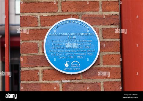 Blue plaque tribute to the Ayresome Park gates transferred to the new Riverside Stadium in ...