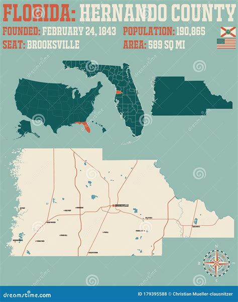 Map of Hernando County in Florida Stock Vector - Illustration of roads ...