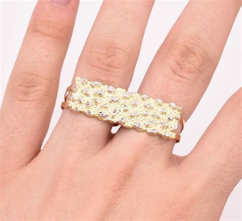 Pre-owned Bayam Men's Rectangular Nugget Diamond Cut Two Finger Ring Real 10k Yellow White Gold ...