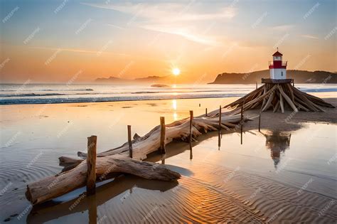 Premium Photo | A lighthouse on the beach at sunset