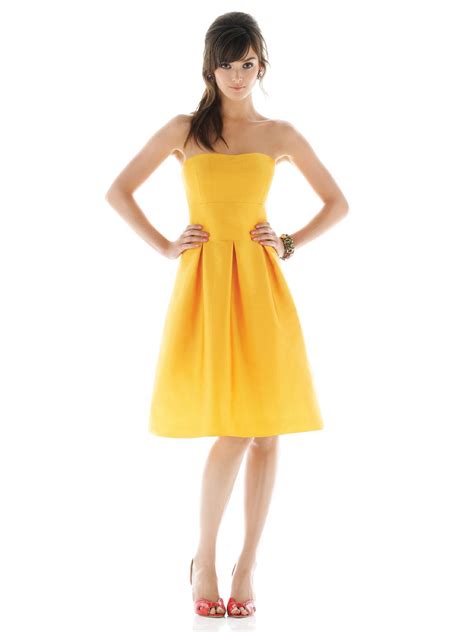 Yellow a Line Strapless Knee Length Satin Prom Dresses With Draped Skirt