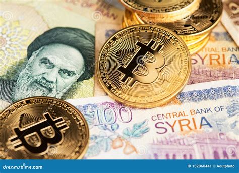 Bitcoin Cryptocurrency Coins On Iranian And Syrian Banknotes Stock ...