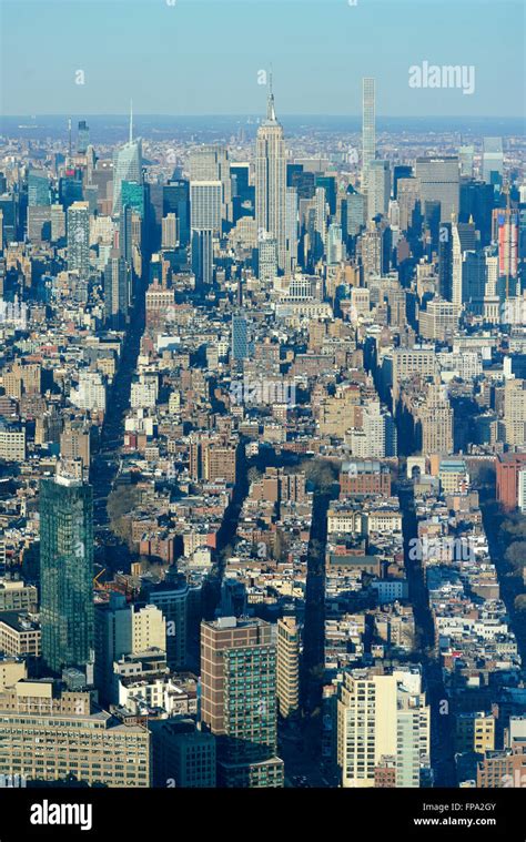 Aerial view of Manhattan Island facing north from One World Observatory ...