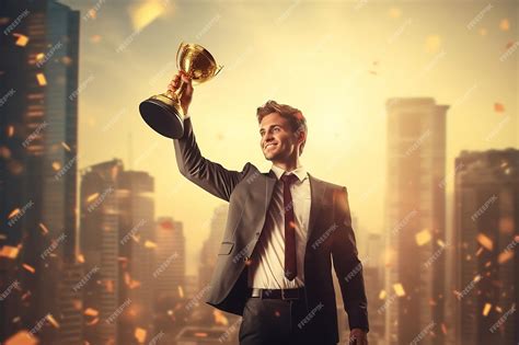 Premium Photo | Businessman Holding gold trophy celebrating with trophy ...