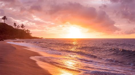 sea, beach, sunset, waves, surf, 4k HD Wallpaper