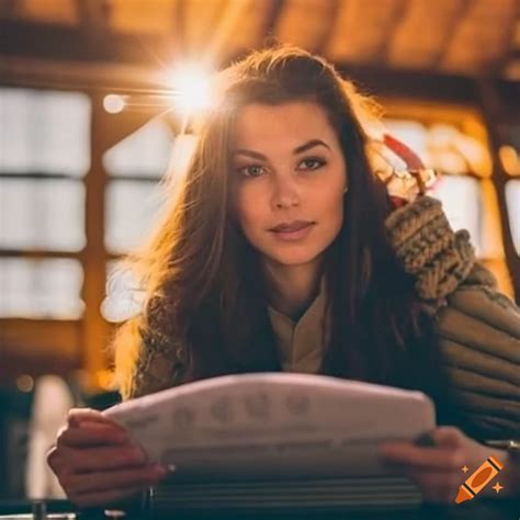 Focused woman examining a restaurant menu inside a warm cabin on Craiyon