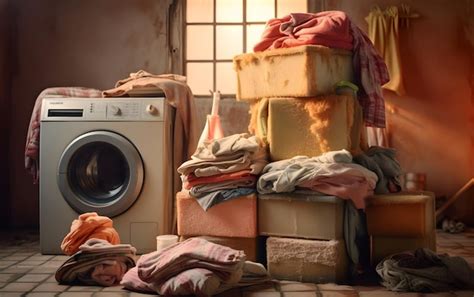 Premium AI Image | A stack of clothes in front of a washing machine