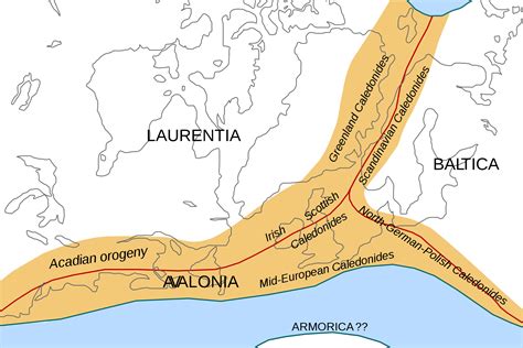 Location of the different branches of the Caledonian/Acadian belts at the end of the Caledonian ...