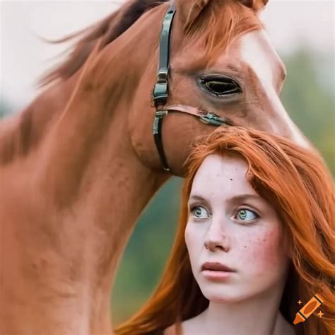 Redhead woman standing next to a horse