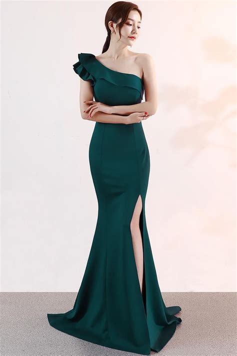 Pine Green One Shoulder Evening Gown | Formal dresses tight, Elegant ...